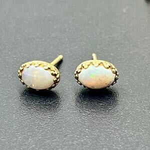 Yellow 14k Gold Oval Iridescent Opal Cabochon Dainty‎ Delicate Stud Earrings